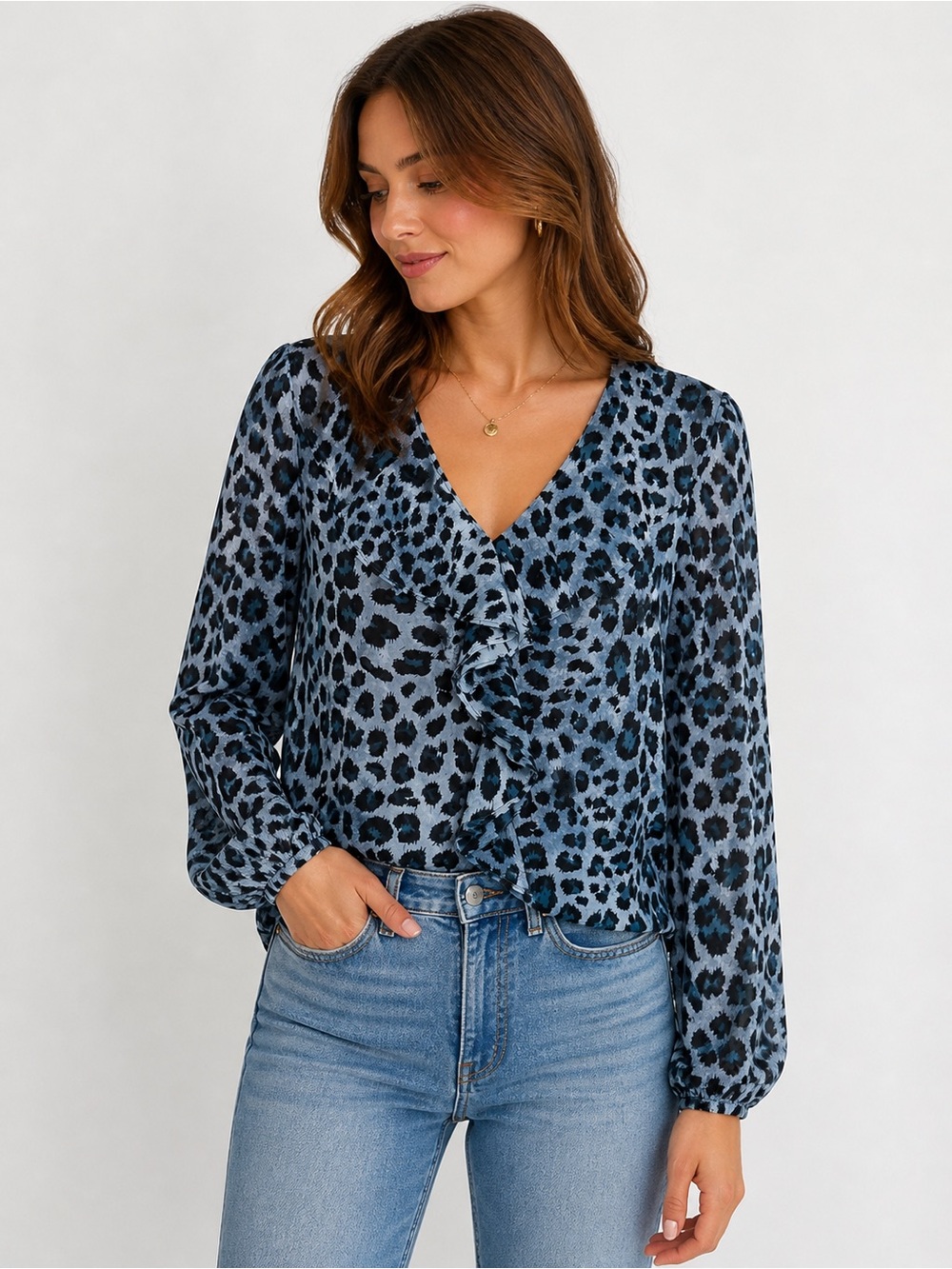 Zara Blue Leopard-Print V-Neck Ruffle Blouse